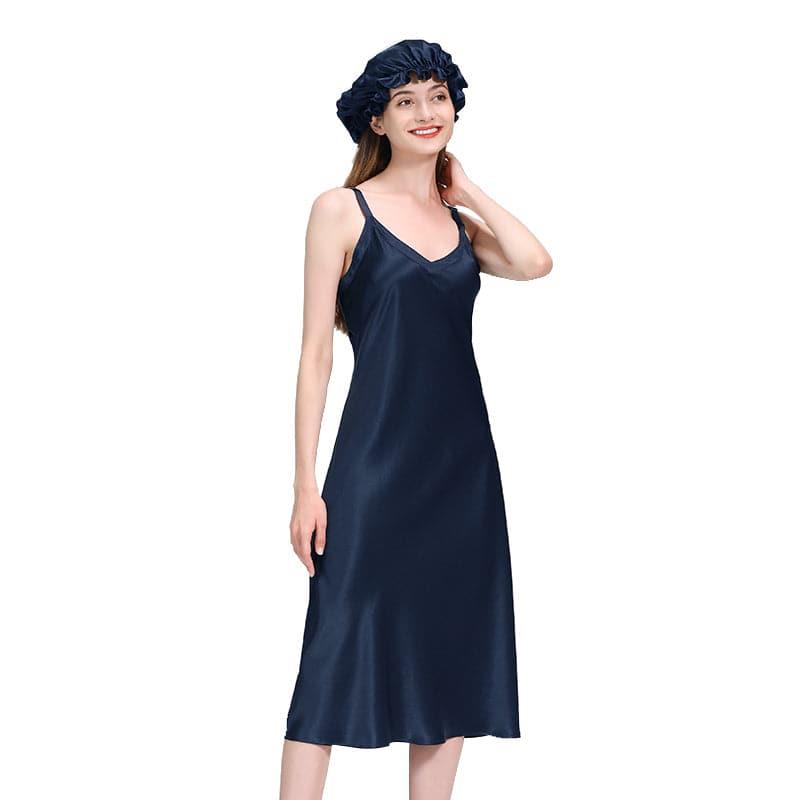 Women 22 Momme Long Silk Nightgown Navy