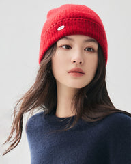 100% Cashmere Ribbed Cuffed Knit Beanie