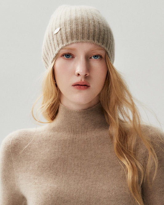 100% Cashmere Ribbed Knit Beanie