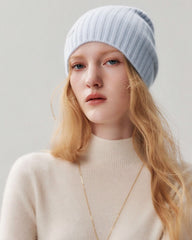 100% Cashmere Ribbed Knit Beanie