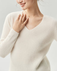100% Cashmere V-Neck Ribbed Knit Sweater