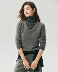 100% Cashmere V-Neck Ribbed Knit Sweater