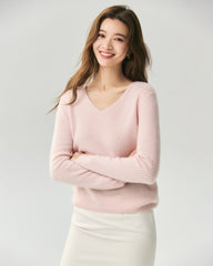 100% Cashmere V-Neck Ribbed Knit Sweater