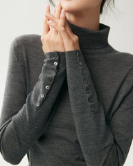 100% Merino Wool Button Cuff Turtleneck