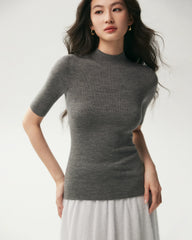 100% Merino Wool Mock Neck Short Sleeve Top