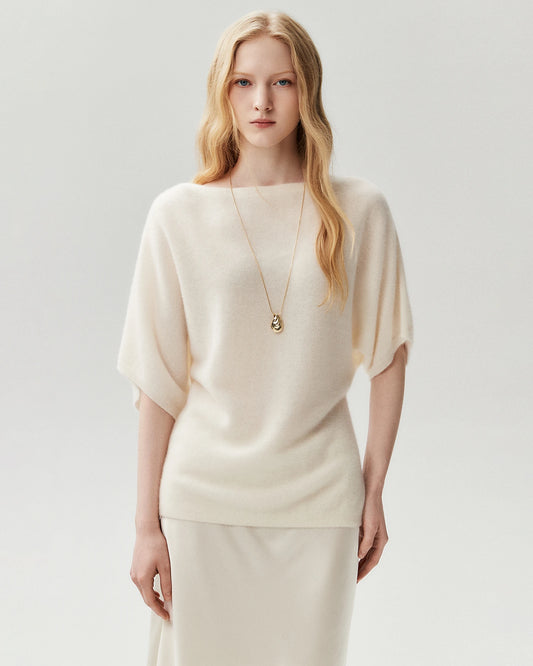 100% Cashmere Batwing Sleeve Boatneck Knit Top
