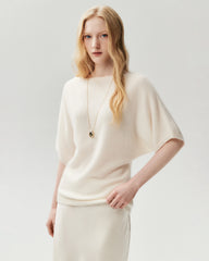 100% Cashmere Batwing Sleeve Boatneck Knit Top