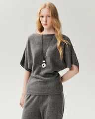 100% Cashmere Batwing Sleeve Boatneck Knit Top