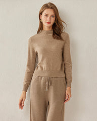 100% Cashmere Mock Neck Sweater For Women Khaki