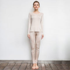 100% Mulberry Silk Long Thermal Underwear Set for Women Beige