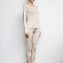 100% Mulberry Silk Long Thermal Underwear Set for Women Beige