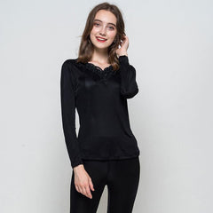 100% Silk Women Thermal Underwear Set with Lace Details Black