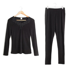100% Silk Women Thermal Underwear Set with Lace Details Black