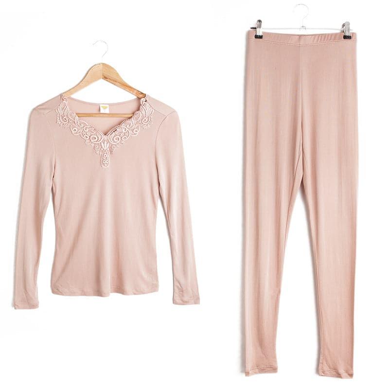 100% Silk Women Thermal Underwear Set with Lace Details Rose Pink