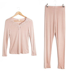 100% Silk Women Thermal Underwear Set with Lace Details Rose Pink
