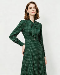 16 Momme Silk Polka Dot Bow Tie Neck Midi Dress