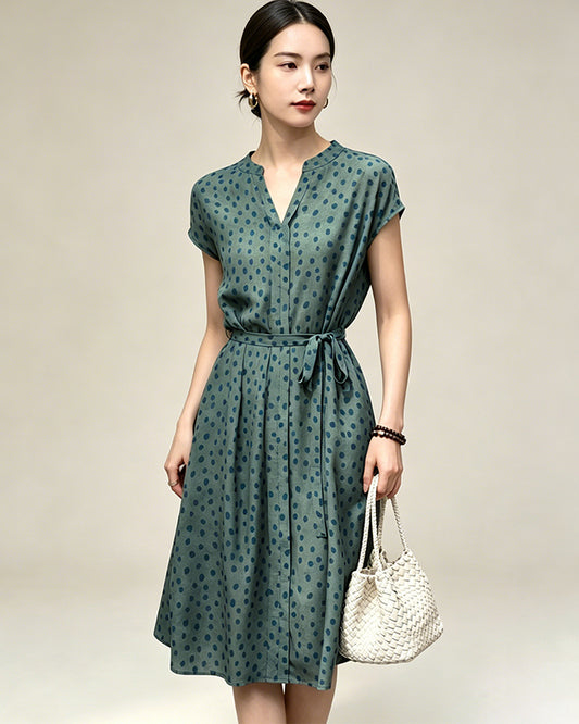 19 Momme Belted Silk A Line Dress in Verdant Dots