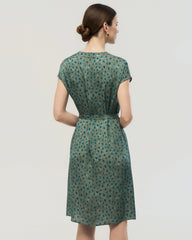 19 Momme Belted Silk A Line Dress in Verdant Dots