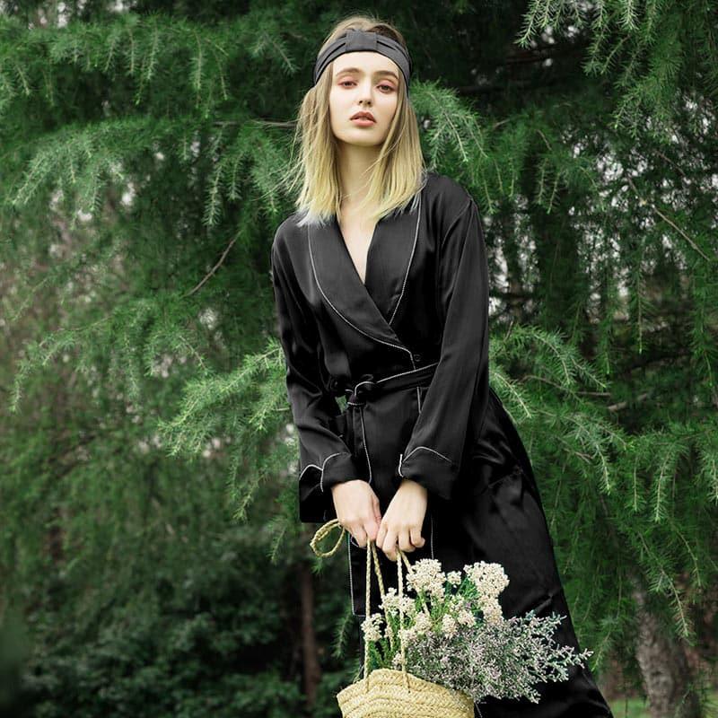 19 Momme Full Length Silk Robe Black