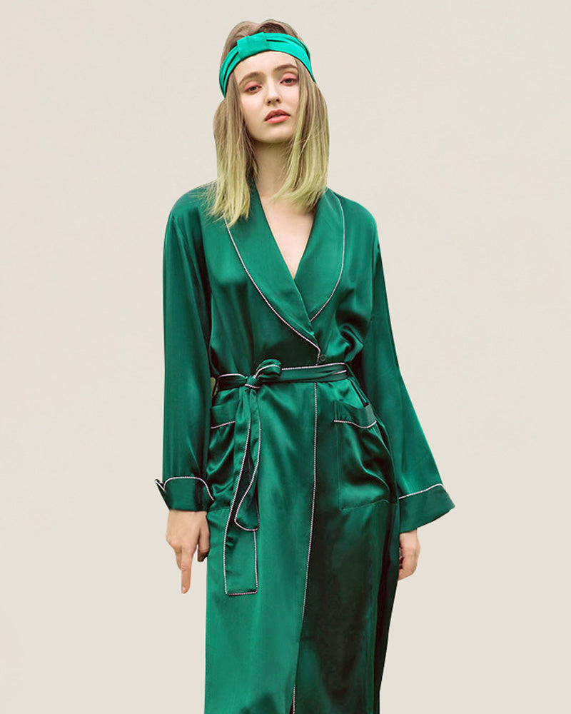 19 Momme Full Length Silk Robe Dark Green