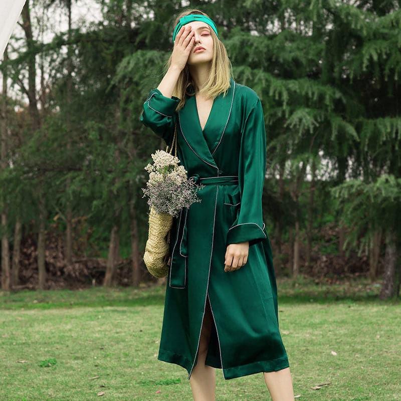 19 Momme Full Length Silk Robe Dark Green