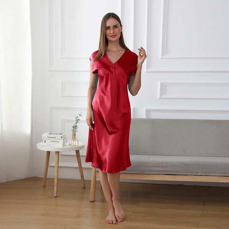 19 Momme Relaxed Fit V-neck Silk Nightgown Burgundy