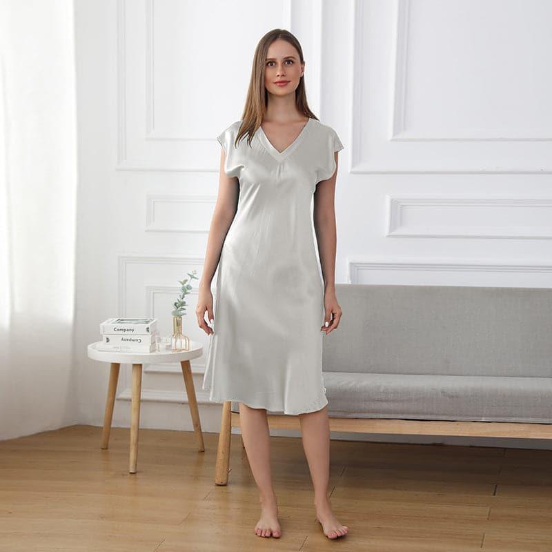 19 Momme Relaxed Fit V-neck Silk Nightgown Grey