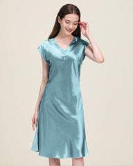 19 Momme Relaxed Fit V-neck Silk Nightgown Haze Blue