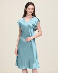 19 Momme Relaxed Fit V-neck Silk Nightgown Haze Blue