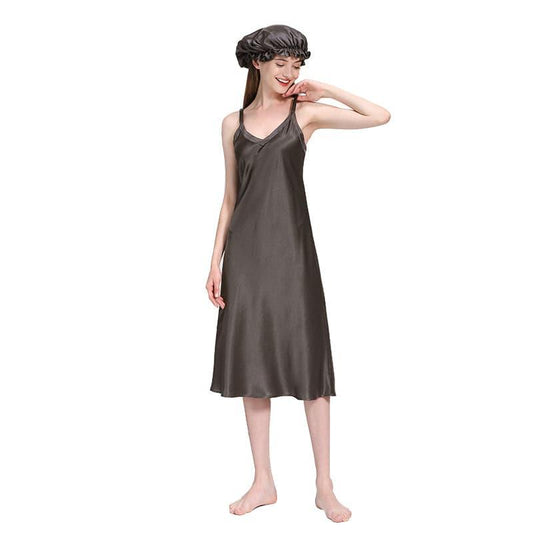 Women 22 Momme Long Silk Nightgown Dark Grey