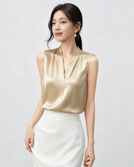22 Momme Silk V-Neck Pleated Blouse