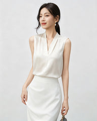 22 Momme Silk V-Neck Pleated Blouse