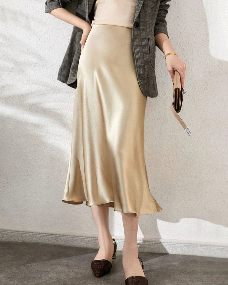 Versatile Silk Midi Skirts with Elastic Waistband Champagne