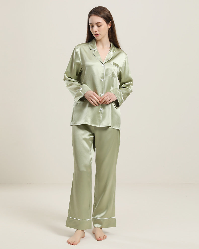 Classic Long Sleeve Silk Pajamas Set Avocado Green