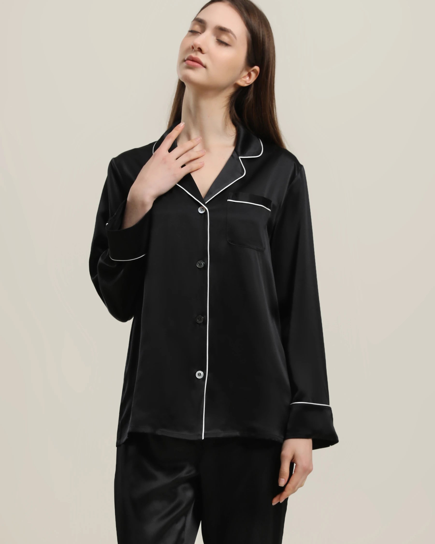 Classic Long Sleeve Silk Pajamas Set Black