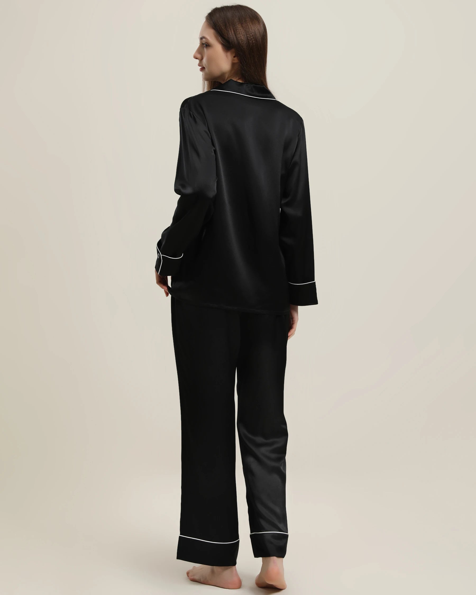 Classic Long Sleeve Silk Pajamas Set Black