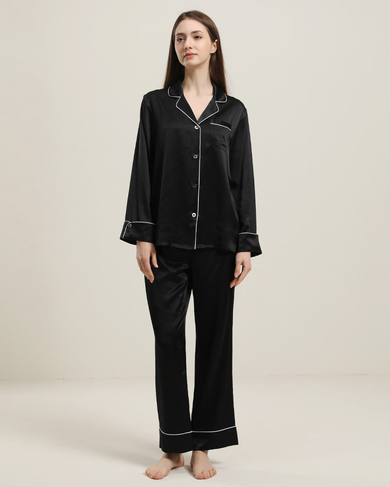Classic Long Sleeve Silk Pajamas Set Black