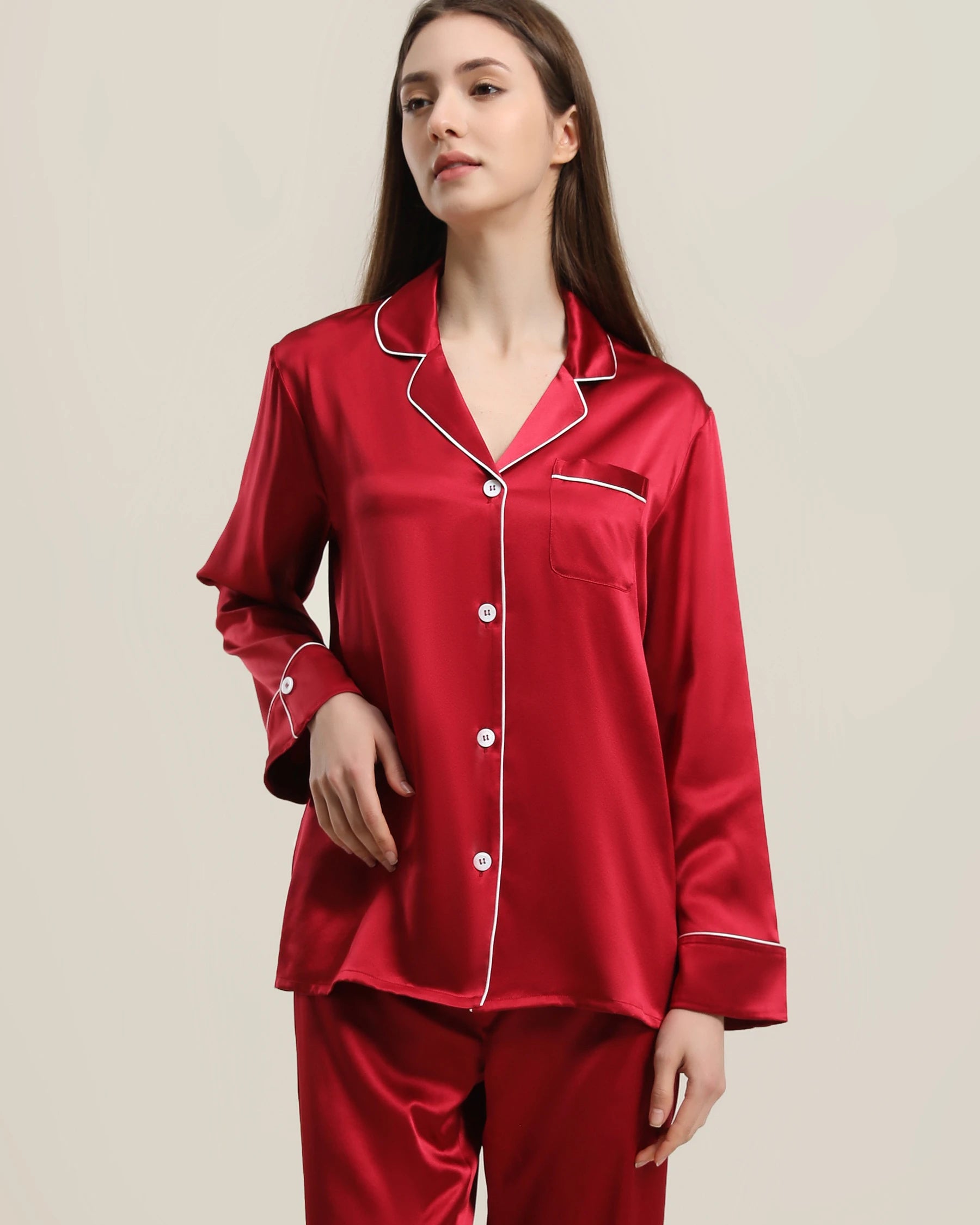 Classic Long Sleeve Silk Pajamas Set Burgundy
