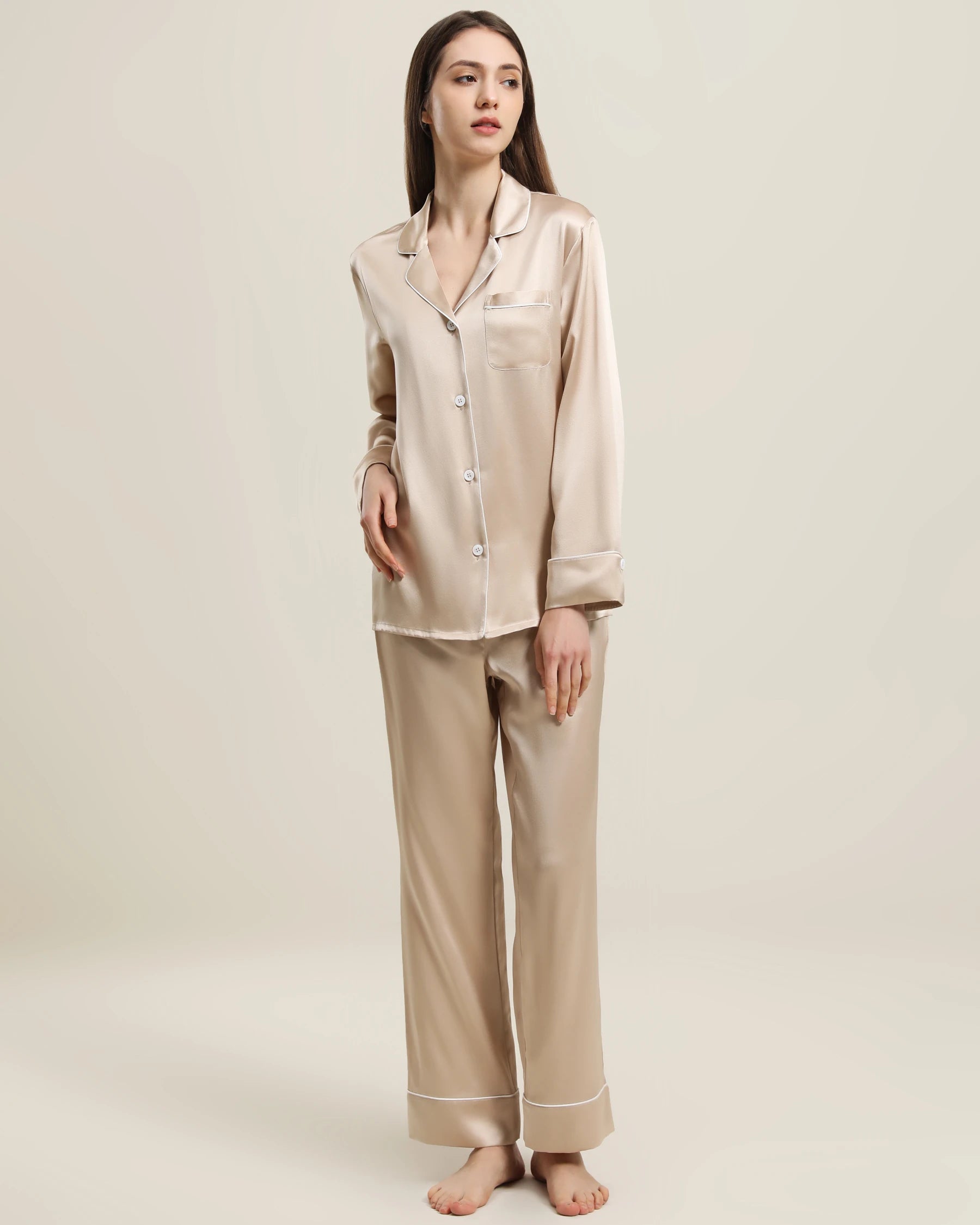 Classic Long Sleeve Silk Pajamas Set Champagne