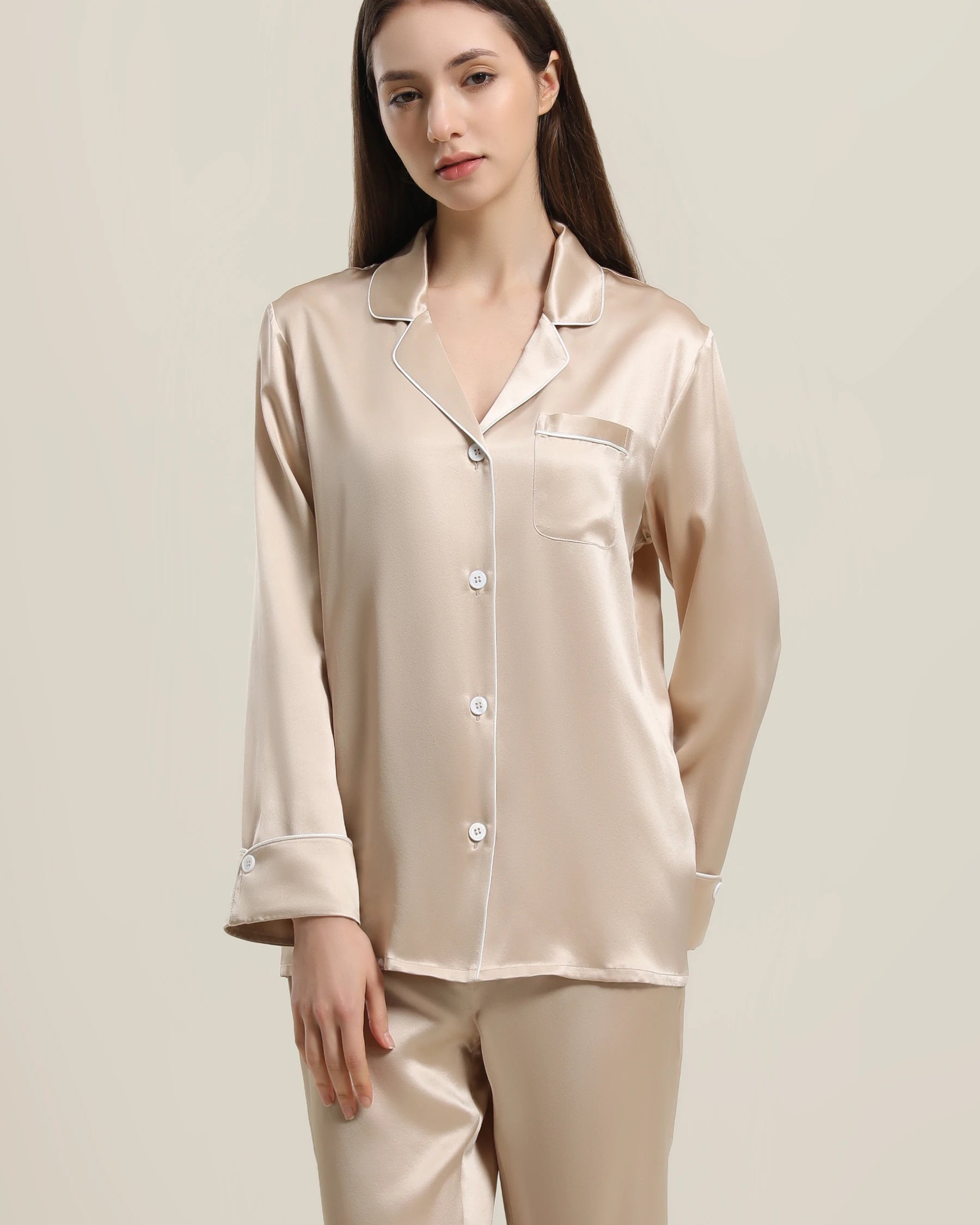 Classic Long Sleeve Silk Pajamas Set Champagne