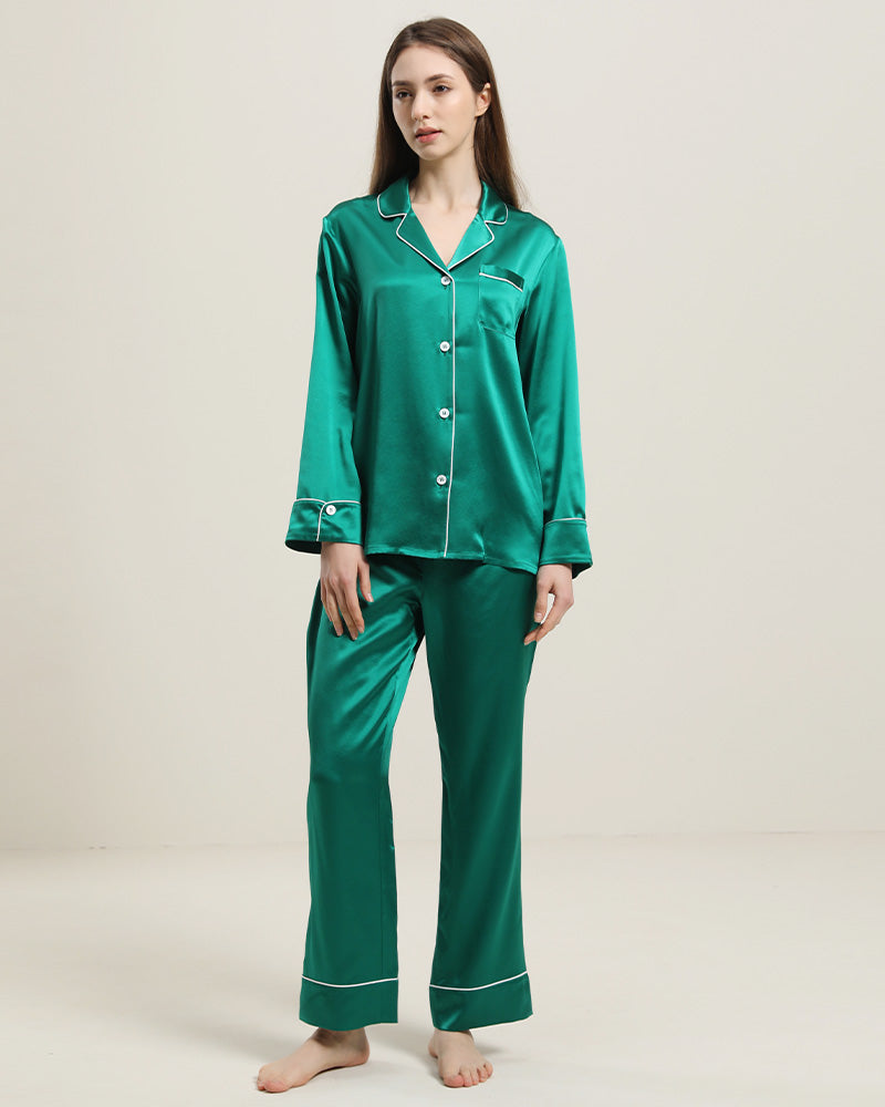 Classic Long Sleeve Silk Pajamas Set Dark Green