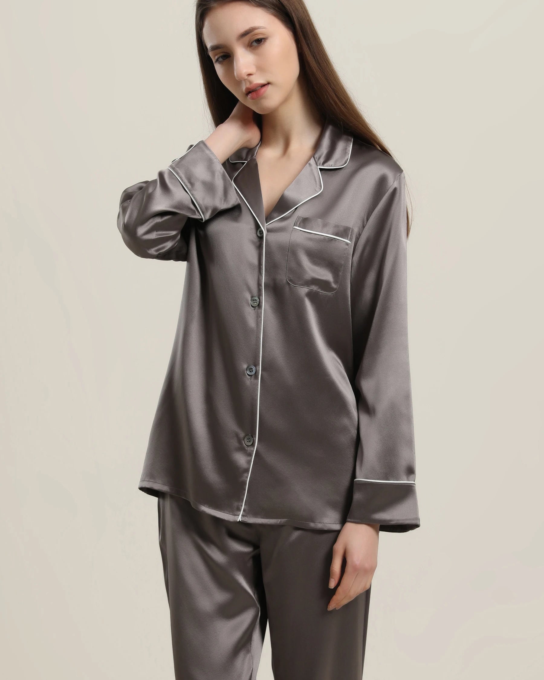 Classic Long Sleeve Silk Pajamas Set Dark Grey