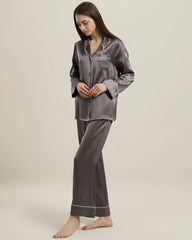 Classic Long Sleeve Silk Pajamas Set Dark Grey