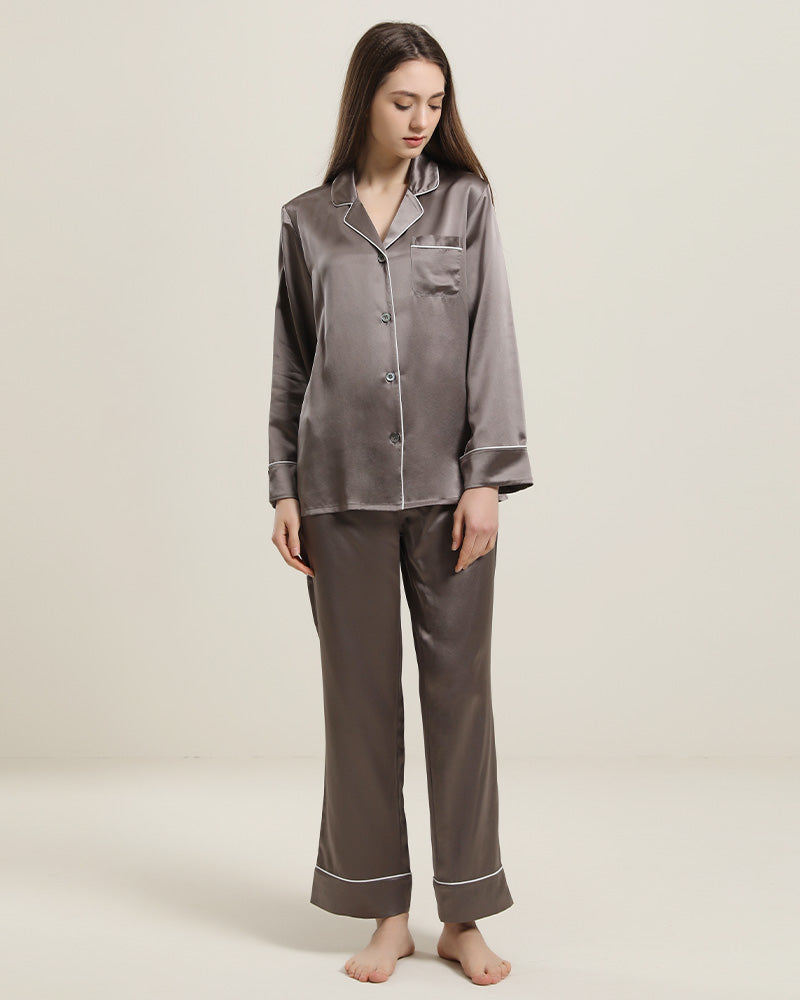 Classic Long Sleeve Silk Pajamas Set Dark Grey