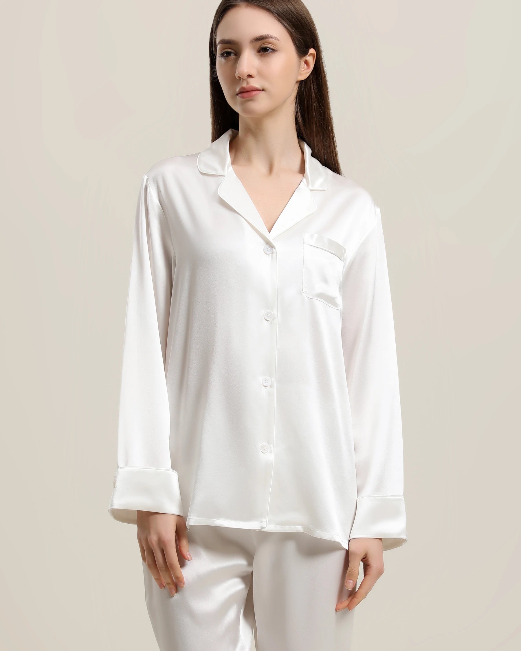 Classic Long Sleeve Silk Pajamas Set Ivory