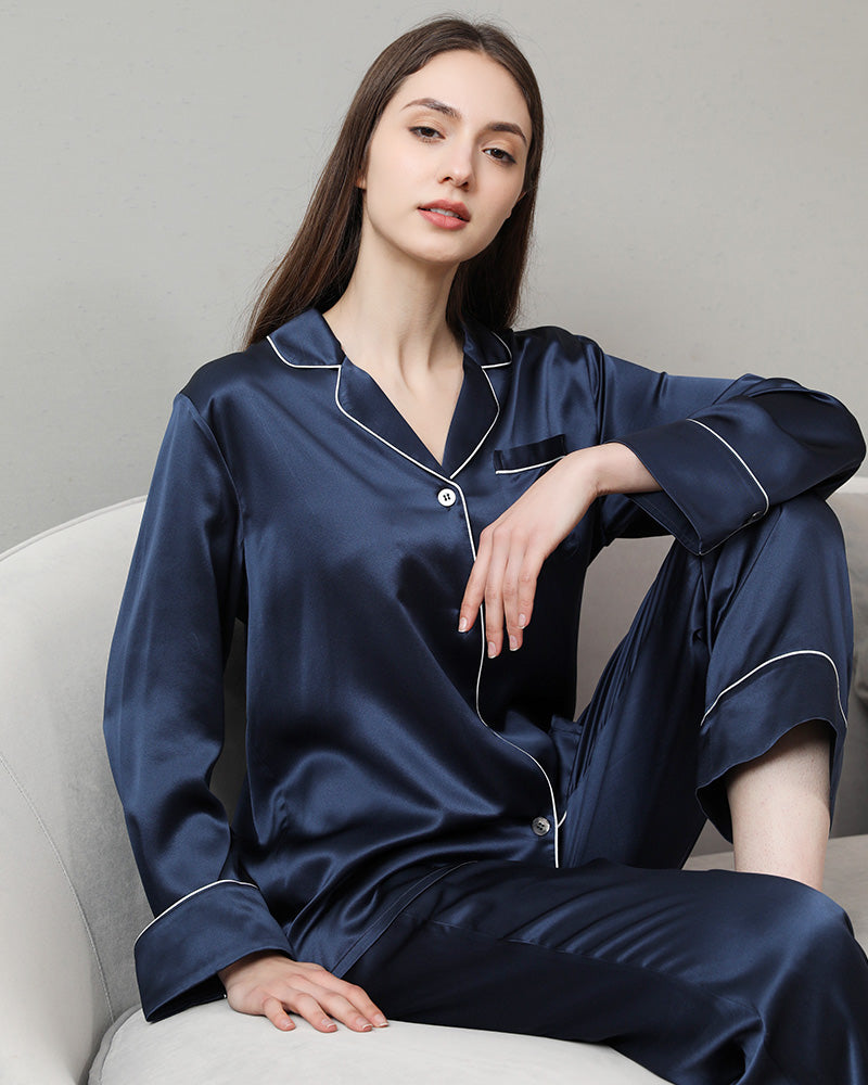 Classic Long Sleeve Silk Pajamas Set Navy