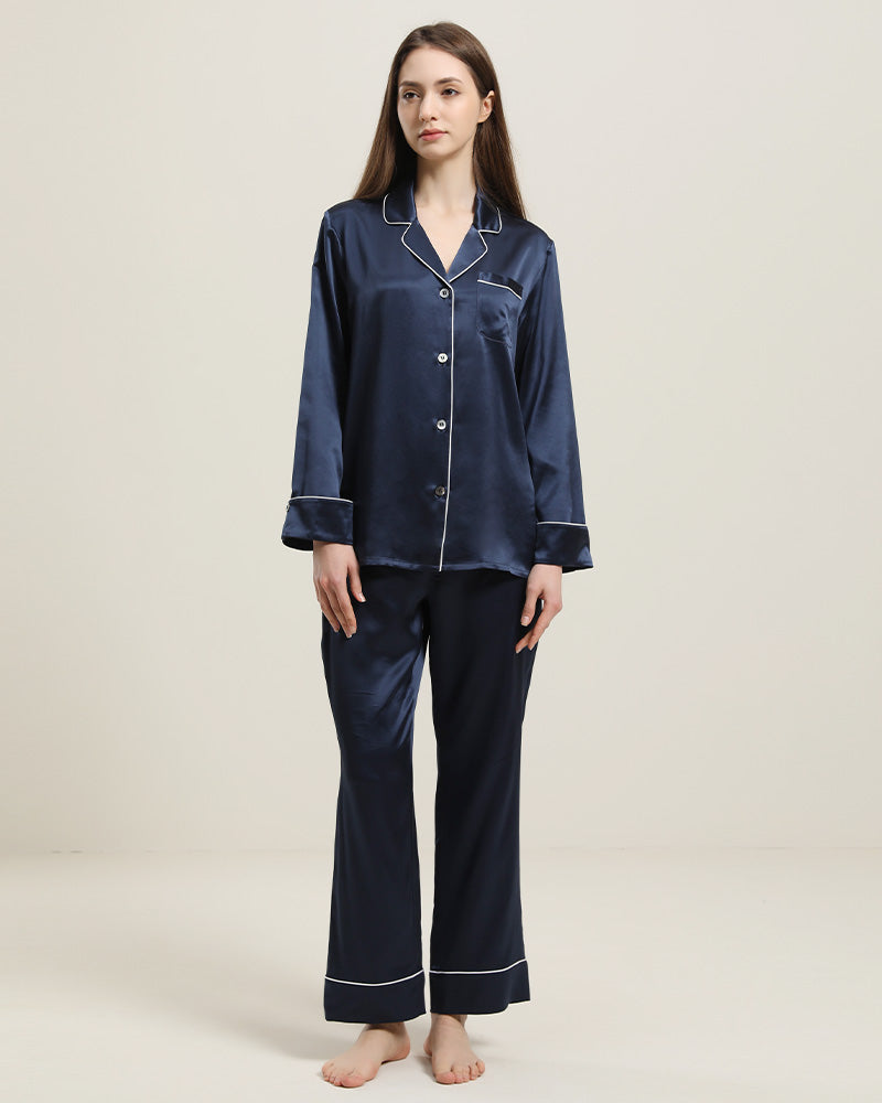 Classic Long Sleeve Silk Pajamas Set Navy