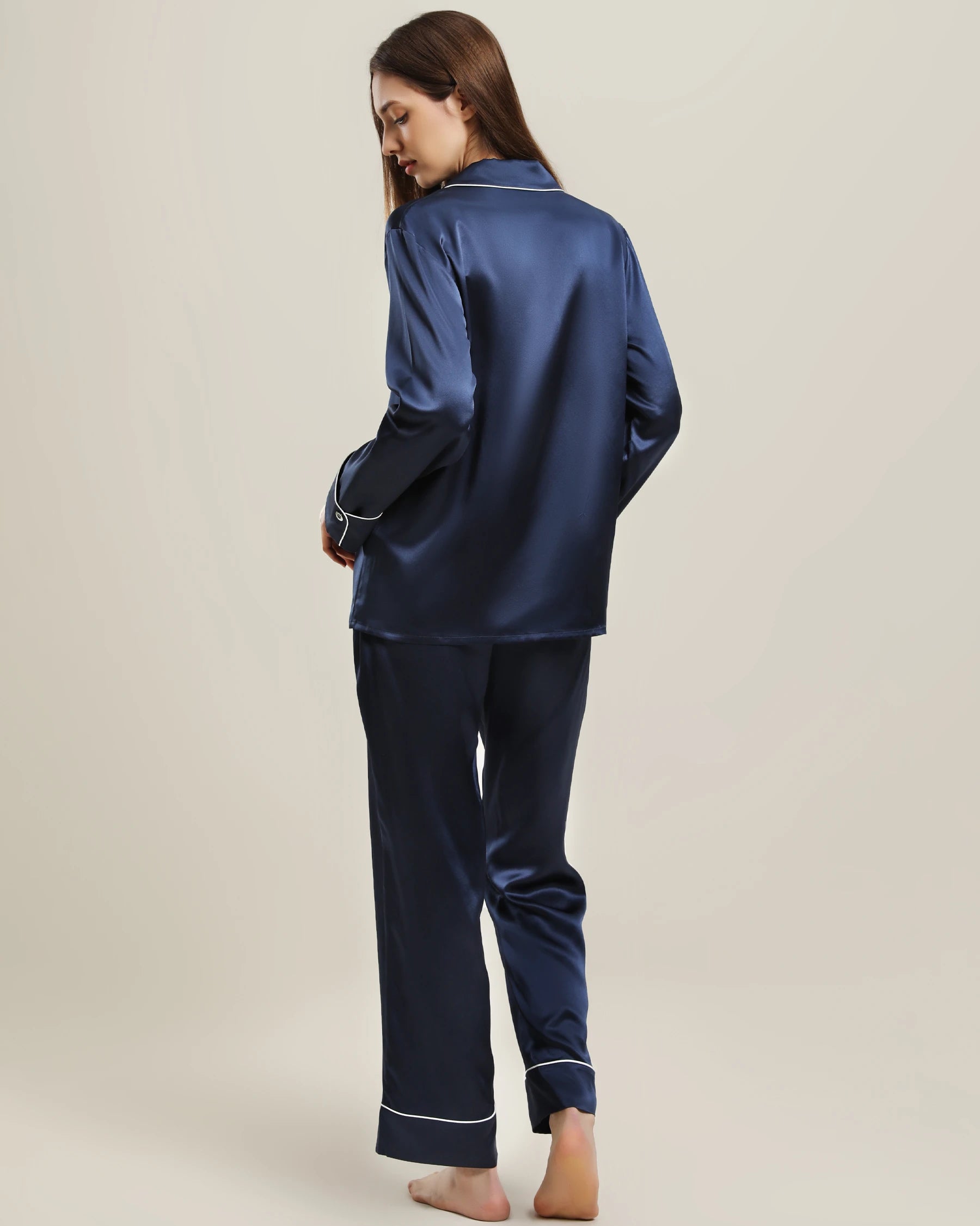 Classic Long Sleeve Silk Pajamas Set Navy