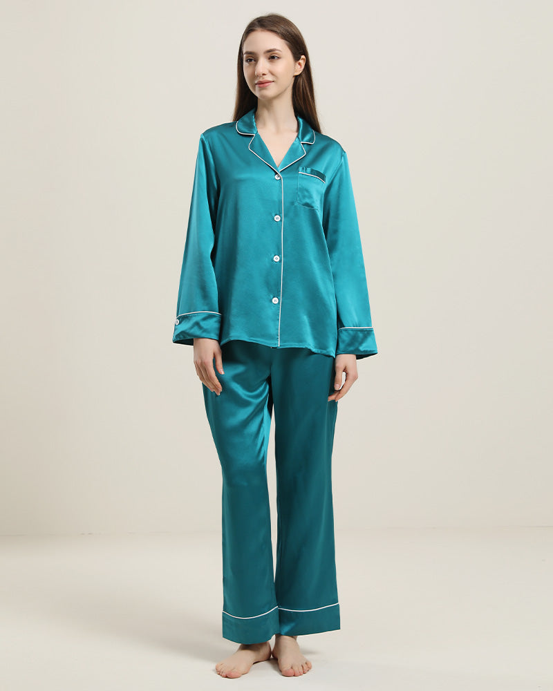 Classic Long Sleeve Silk Pajamas Set Peacock Blue