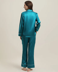 Classic Long Sleeve Silk Pajamas Set Peacock Blue